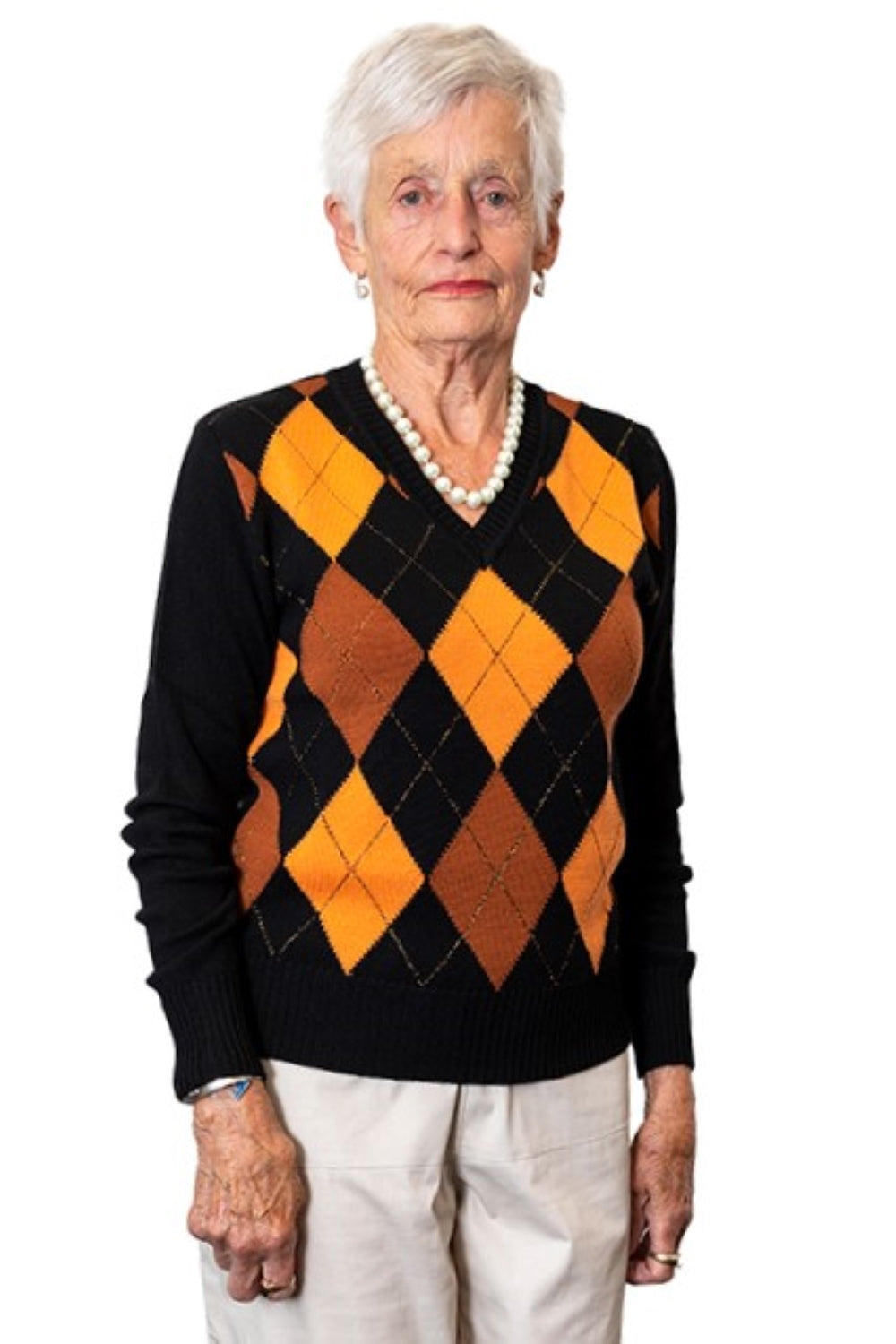 100% Merino Argyle Jumper - Black/Mustard/Orange