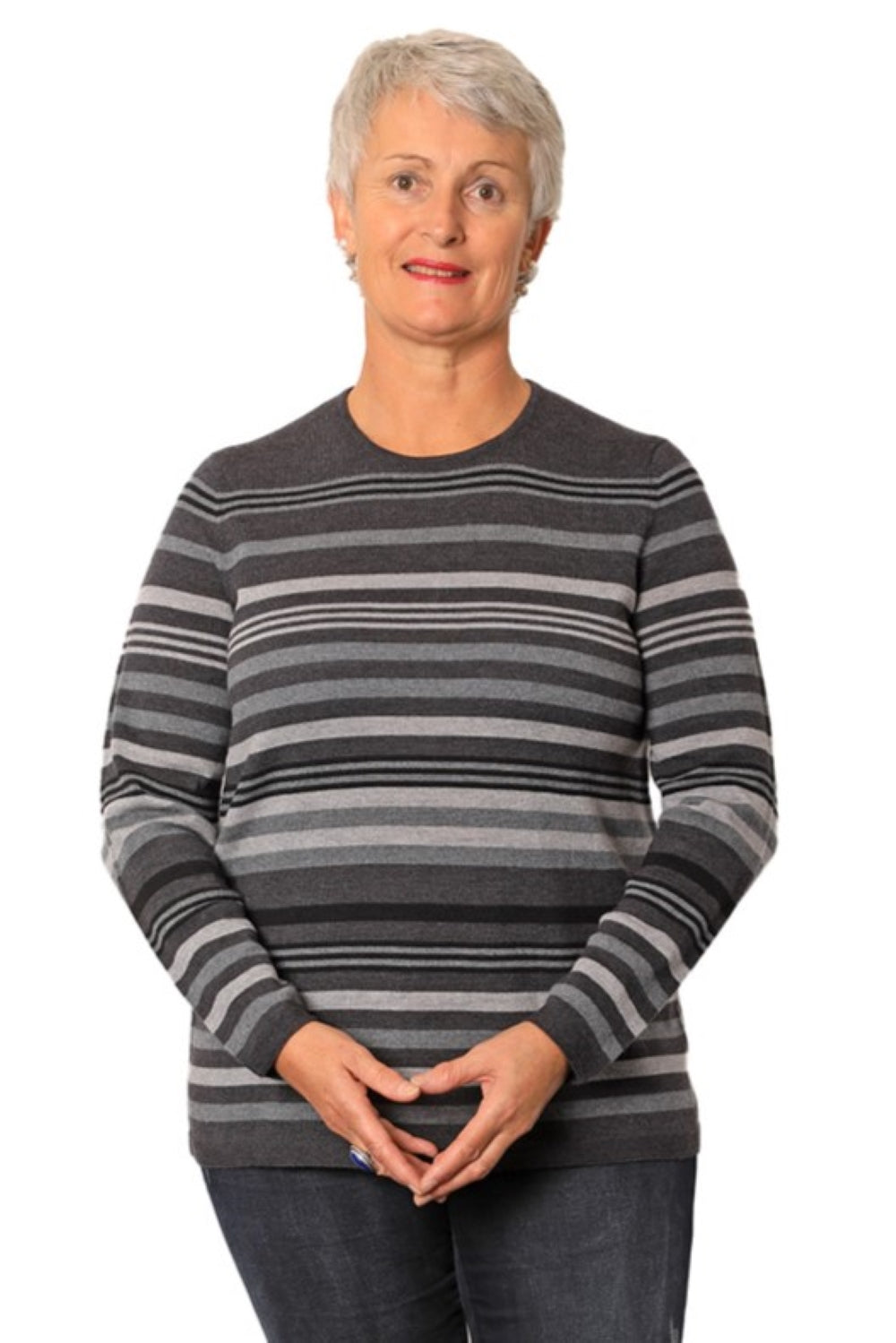 100% Supersoft Royal Merino Striped Crew Neck Jumper Greys