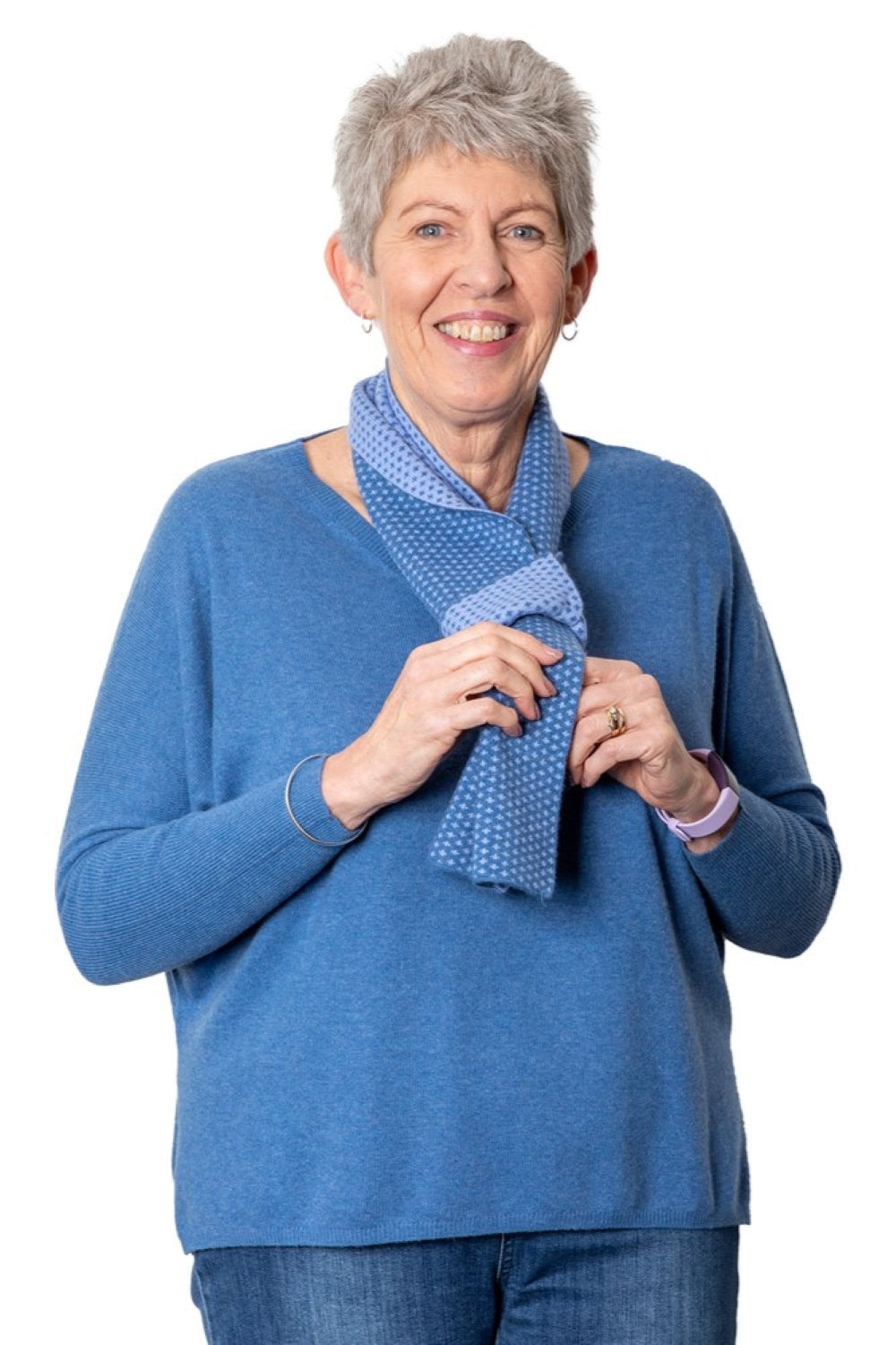 Cashmere Merino Pattern Neck Scarf 2 Buttons Jean/Lavender
