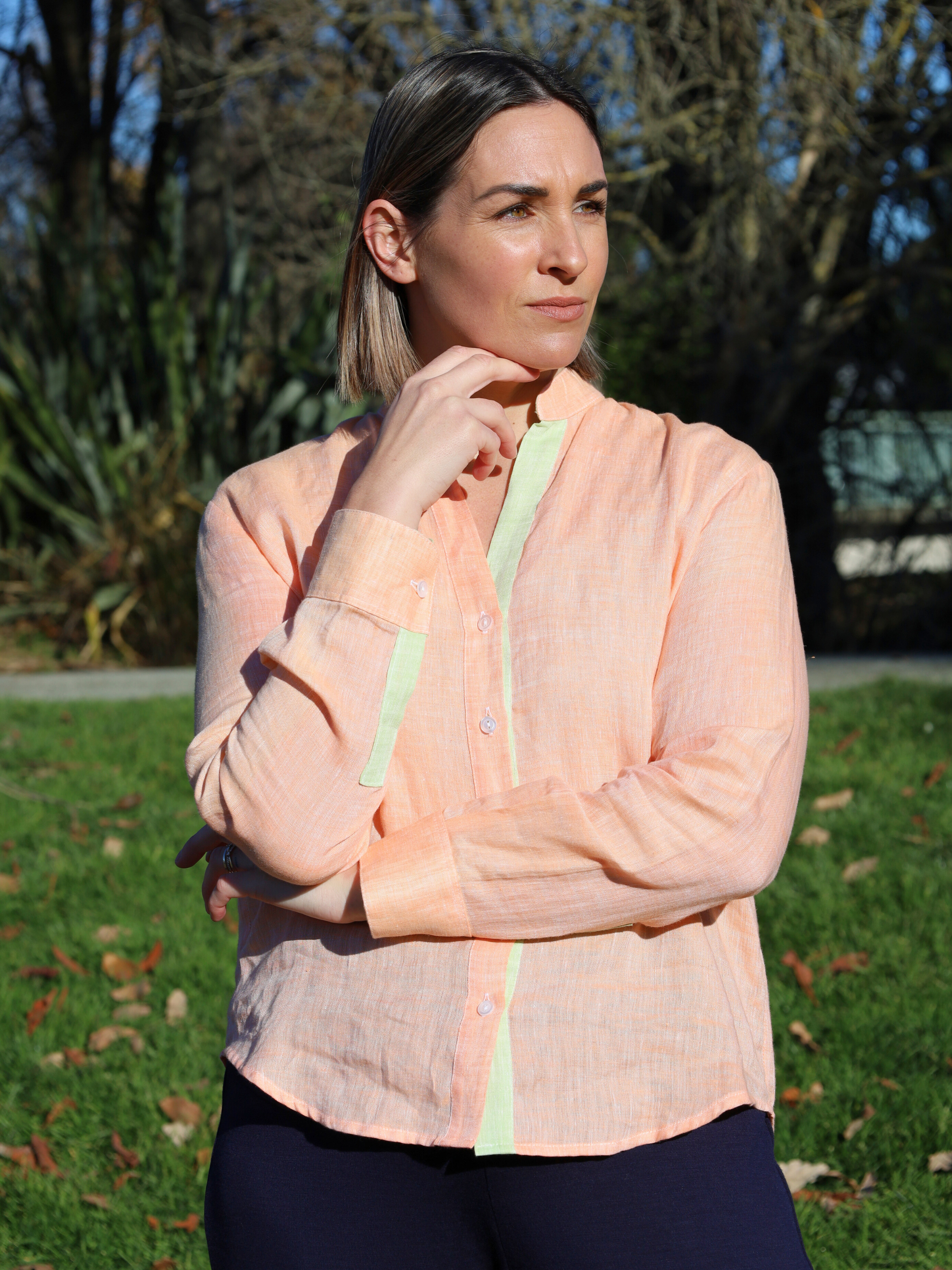 orange and apple linen blouse AOK Clothing