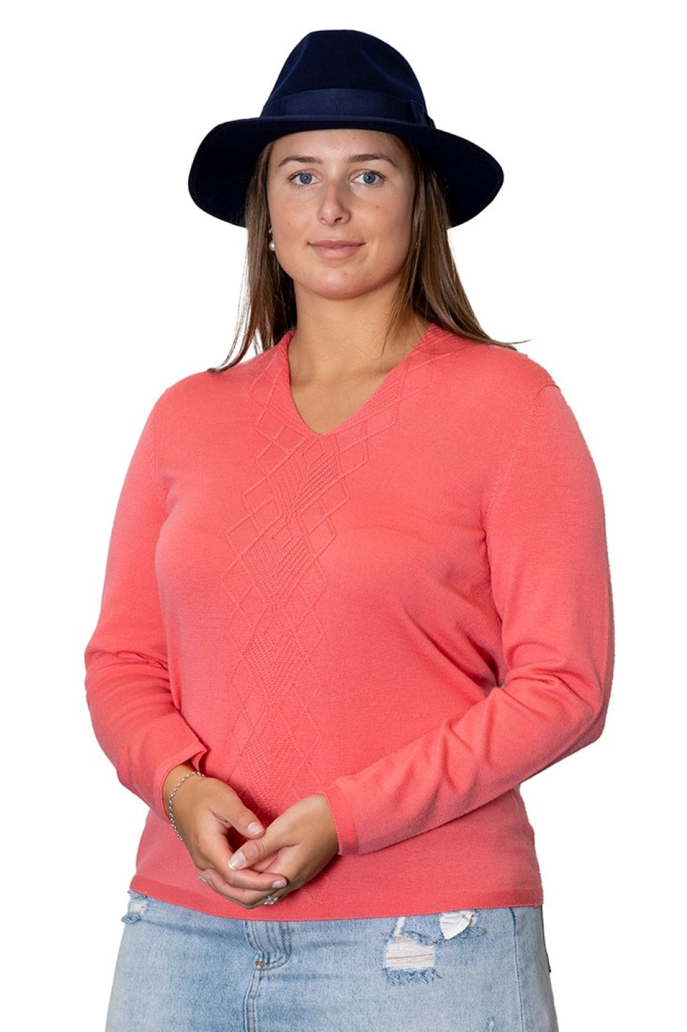 Royal Merino Aarran Front High V neck Jumper at AOK Clothing.