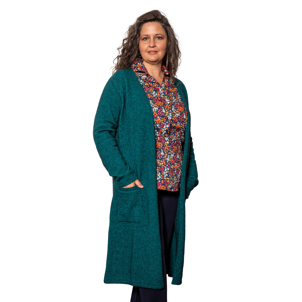 Merino Possum tui green  Long line coat from AOK Clothing