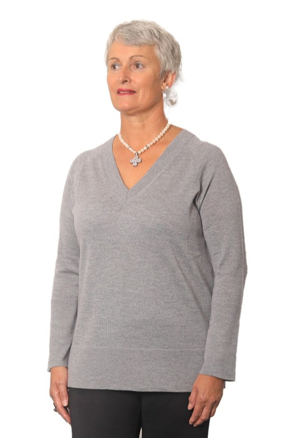 AOK Clothings Stacie 100% Merino V Neck Jersey Grigio