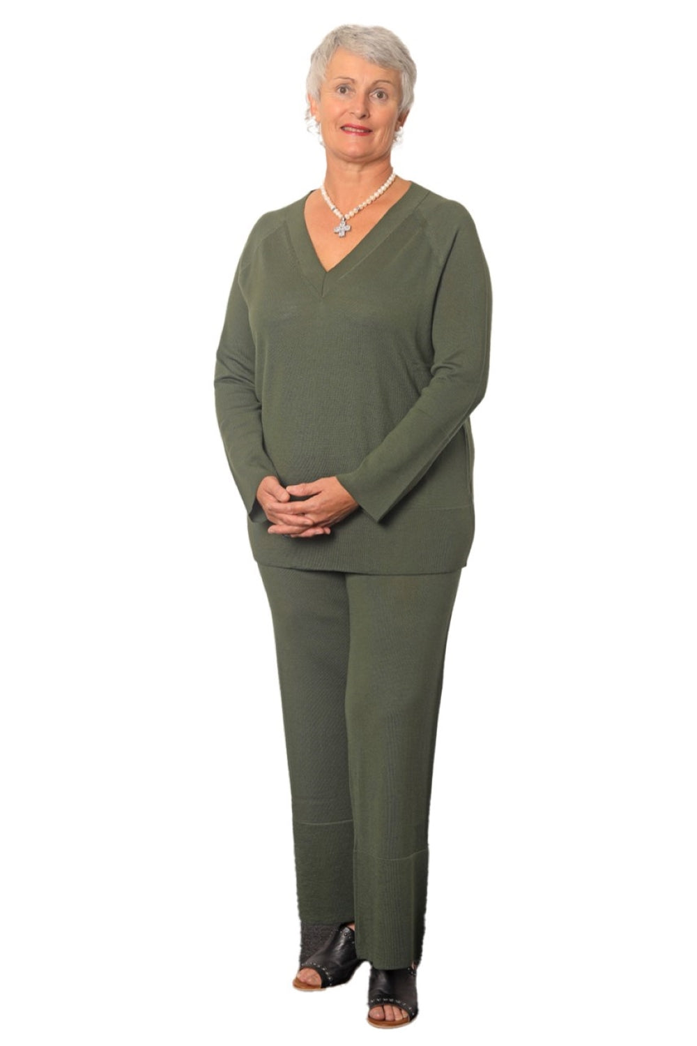AOK Clothings Stacie 100% Merino V Neck Jersey Militare