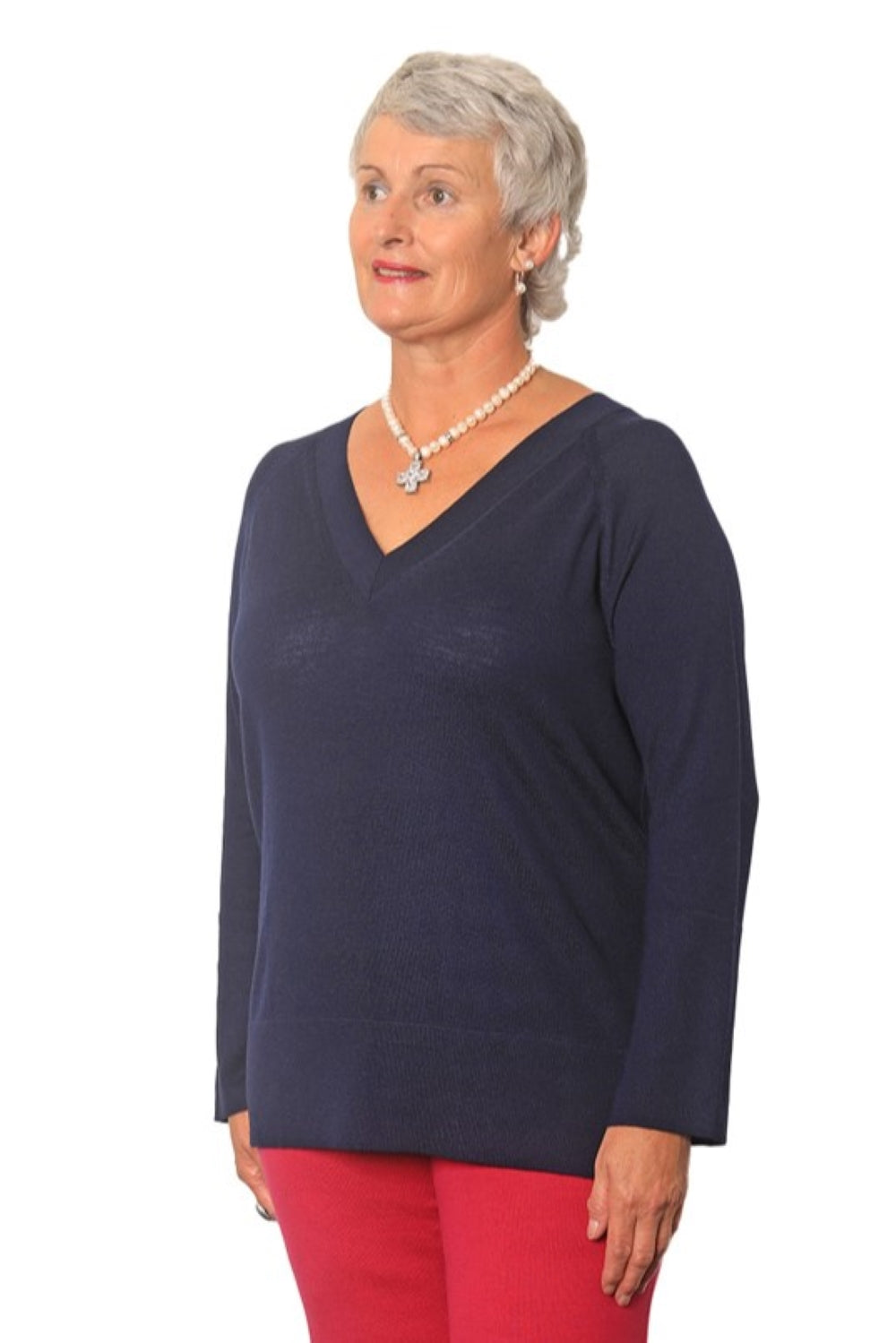 AOK Clothings Stacie 100% Merino V Neck Jersey Navy