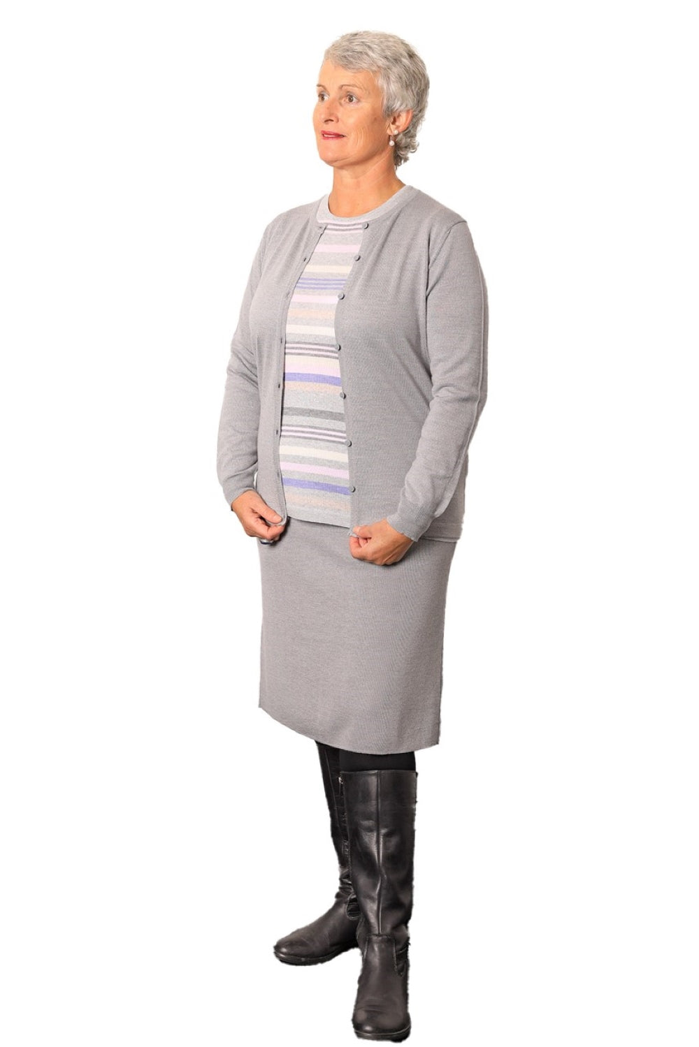 Made in Italy - Merino Plain Skirt SIlver with Silver Classic Button to Neck Cardigan