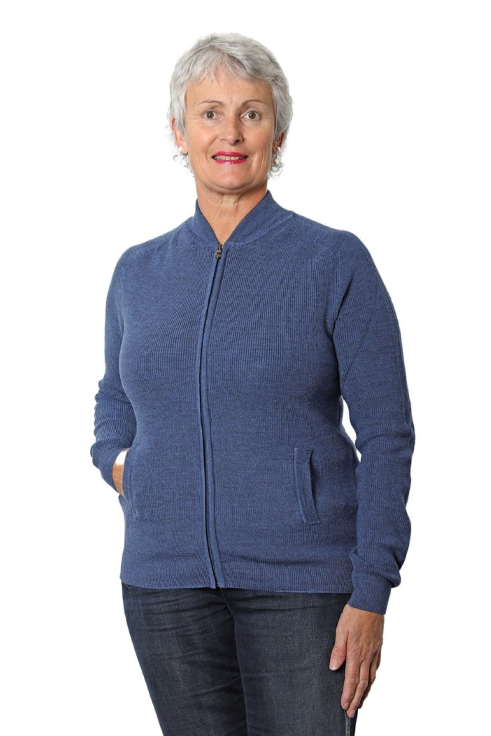 Rib Knit 100% Merino - Zip Jacket with sleeve detail and pockets Dark Denim