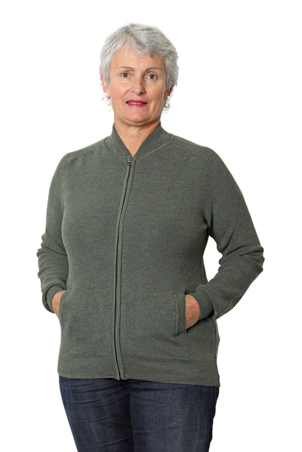 Rib Knit 100% Merino - Zip Jacket with sleeve detail and pockets Khaki
