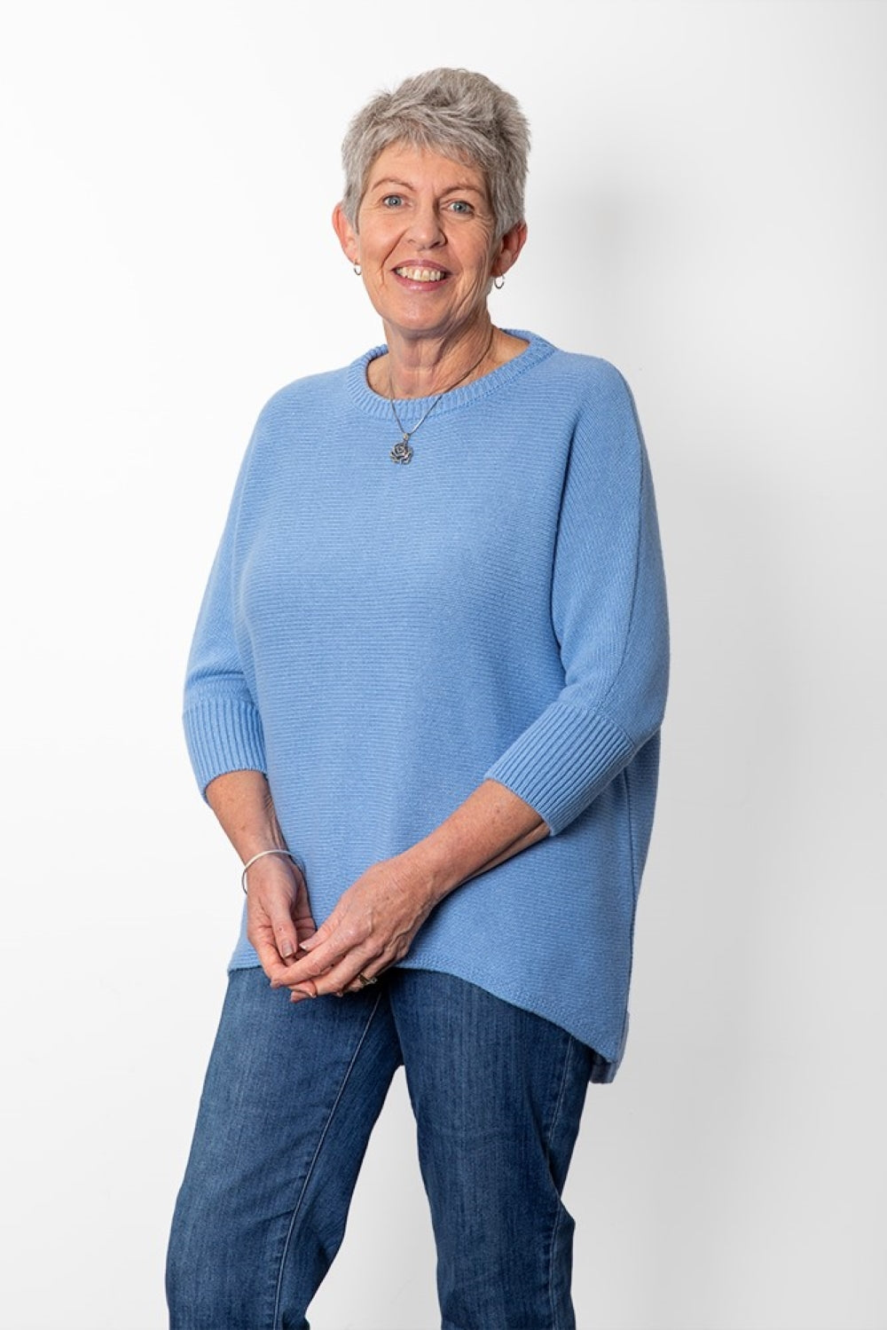 Cashmere Merino 3/4 Sleeve Batwing Jumper from AOK Clothing This luxurious blend of cashmere and merino wool is fashioned into a chic crew neck bat-wing sleeve sweater