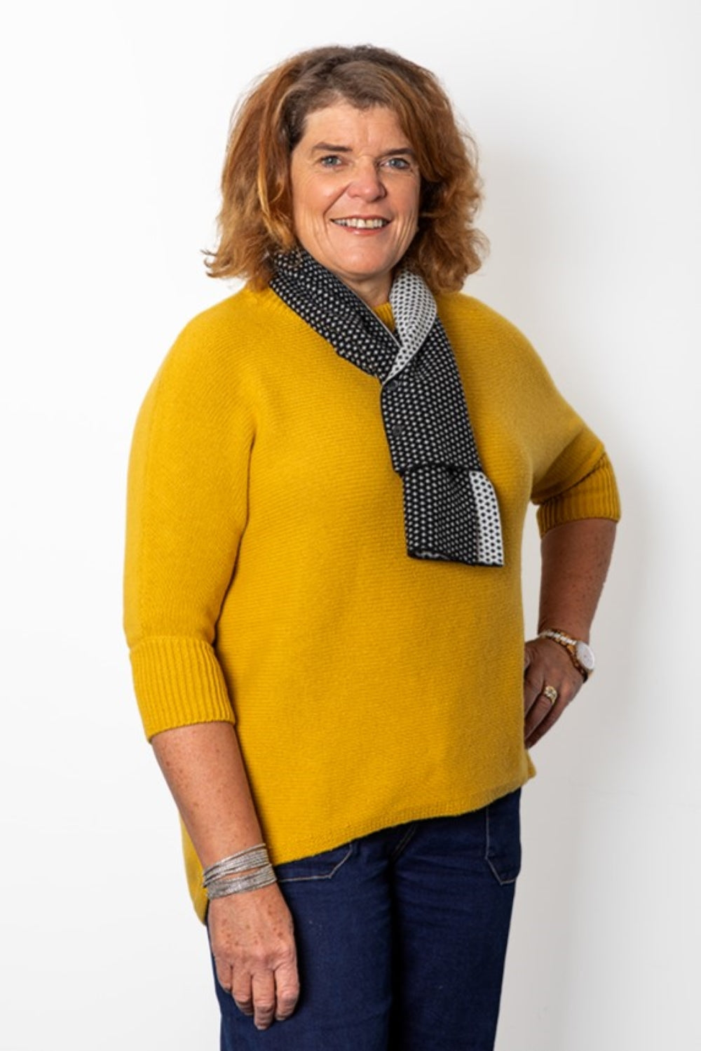 Cashmere Merino Pattern Neck Scarf 2 Buttons Nero/Ecru