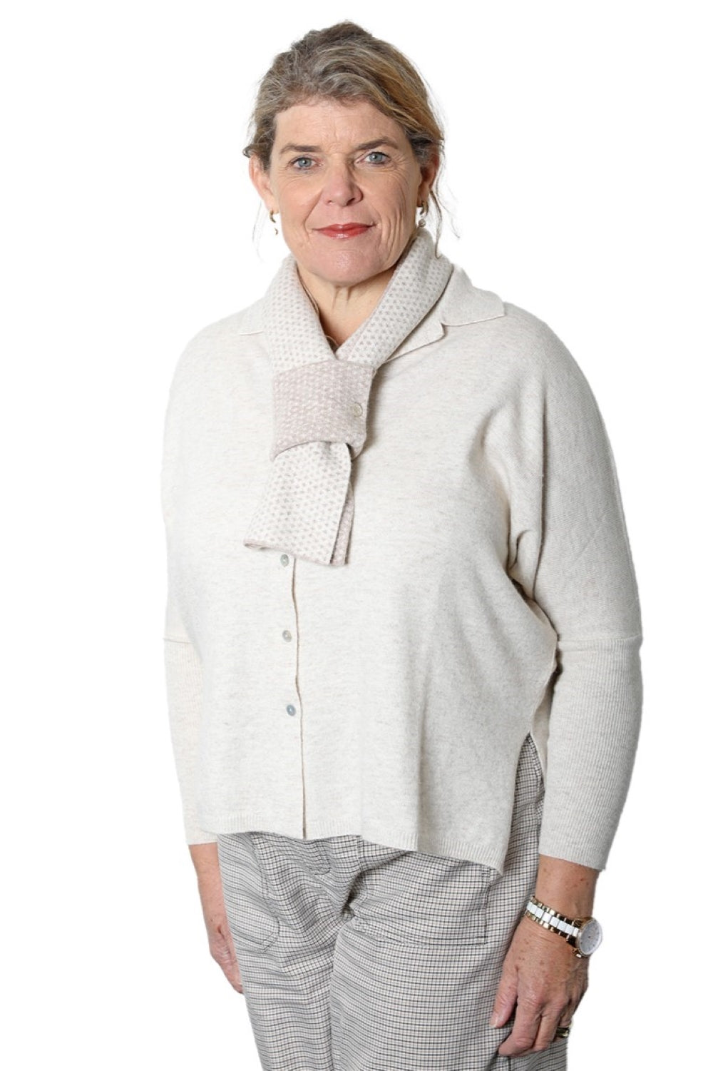 Cashmere Merino Pattern Neck Scarf 2 Buttons Beige/Oatmeal