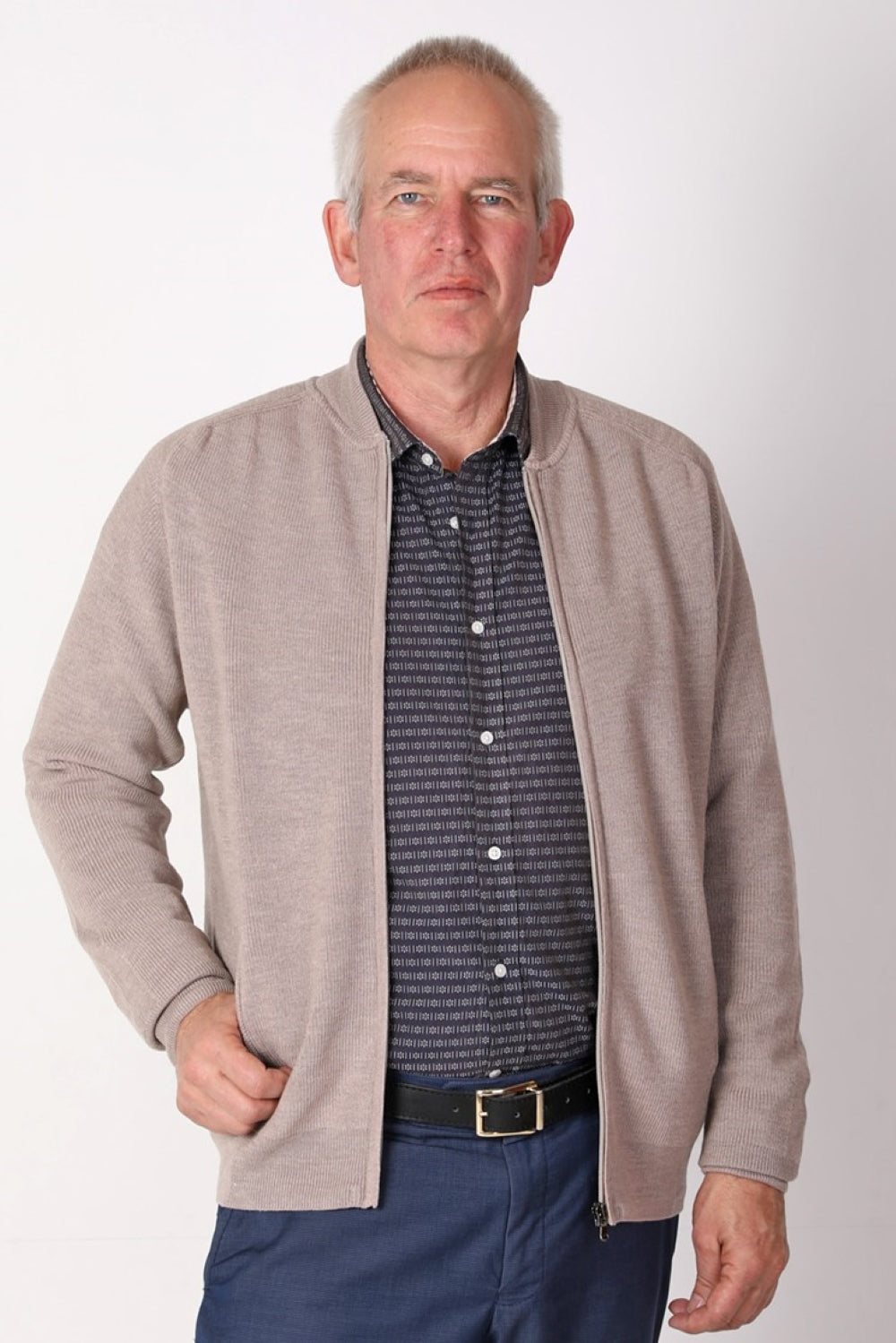 Mens Rib Knit 100% Merino - Zip Jacket with sleeve detail and pockets