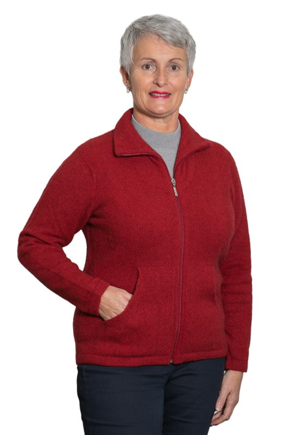 Merino Possum Slant Pocket Zip Jacket - Poppy