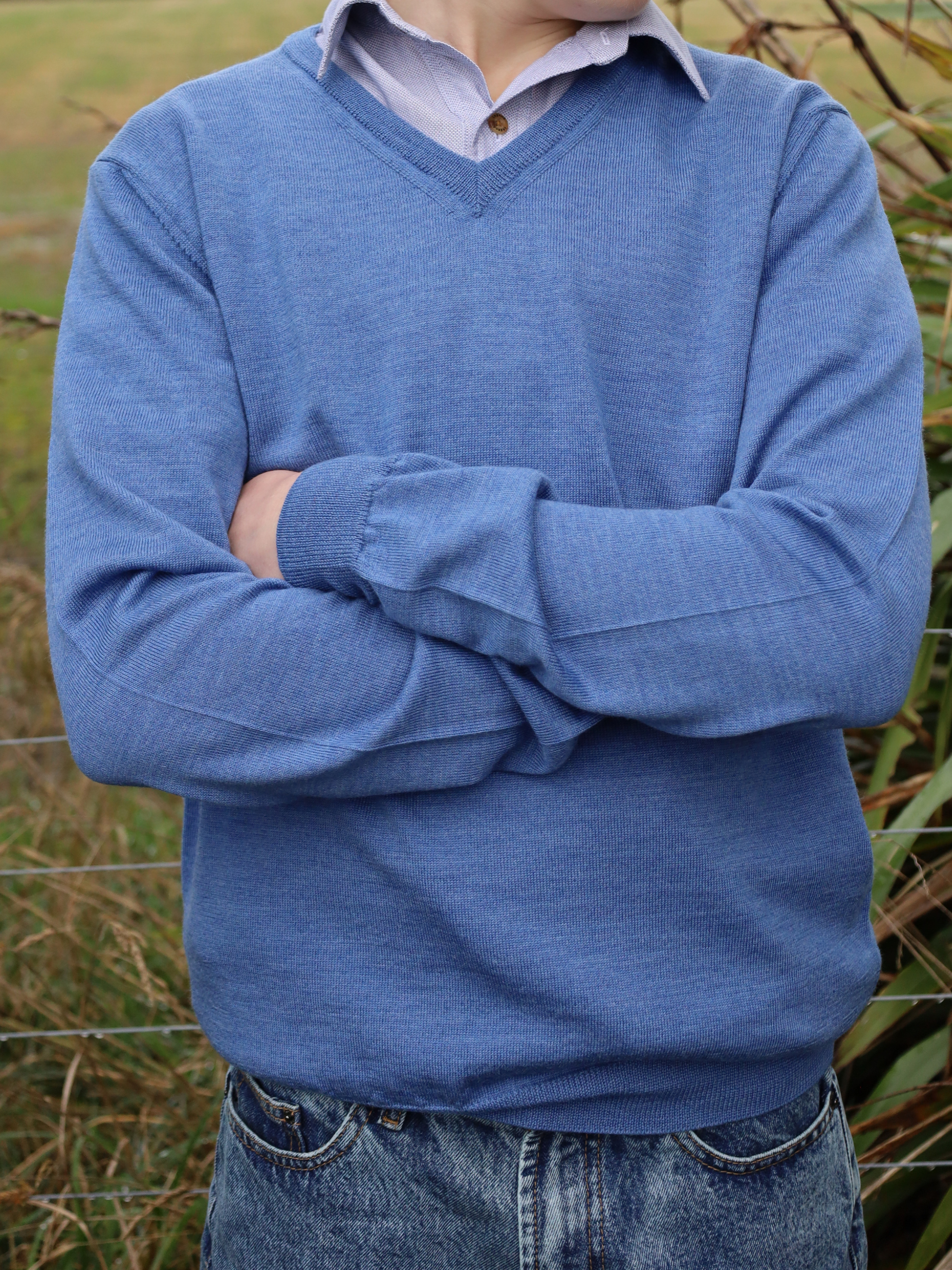 cornflour blue mens merino v neck jumper