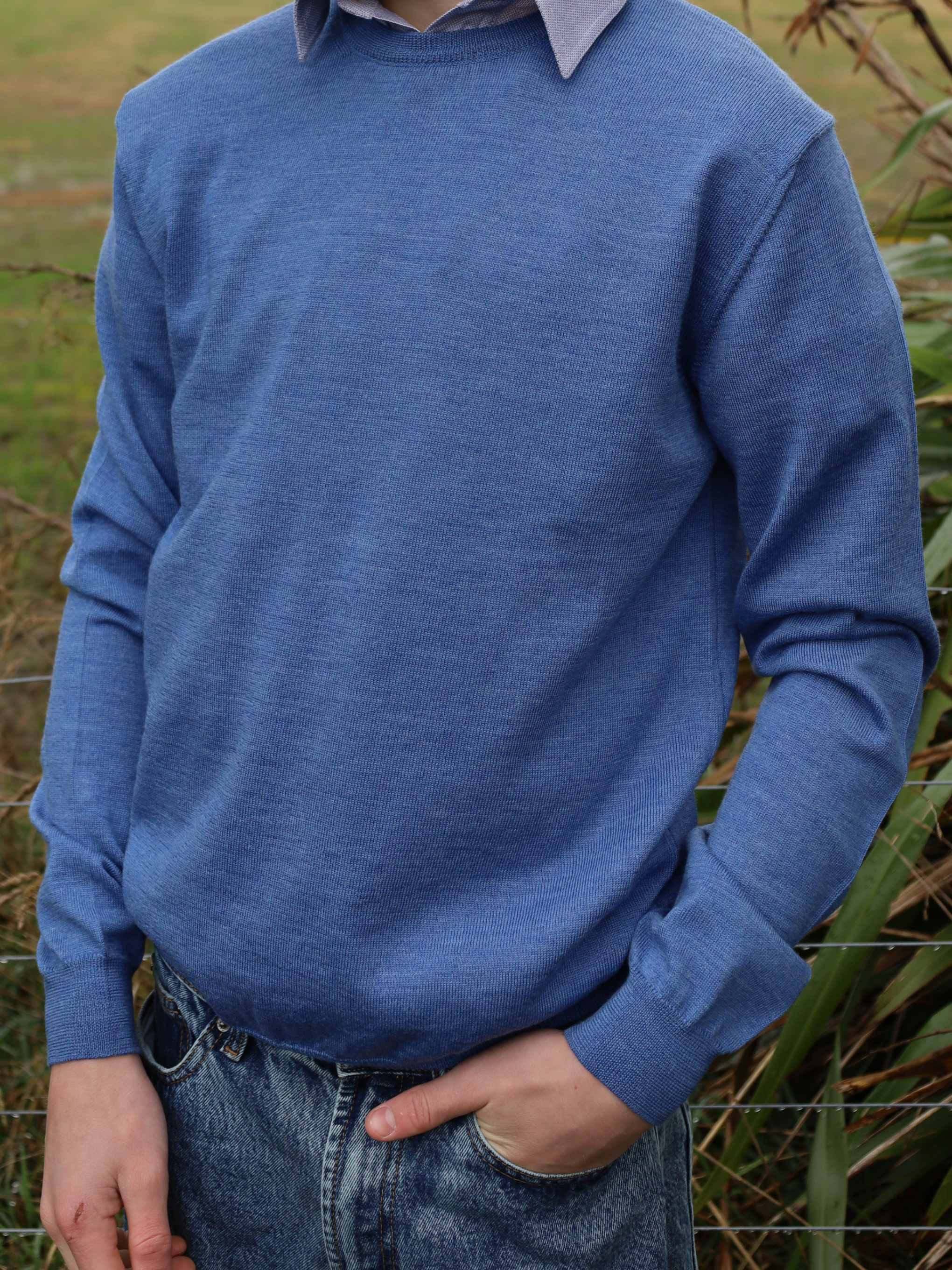 mens blue merino crew jumper 1