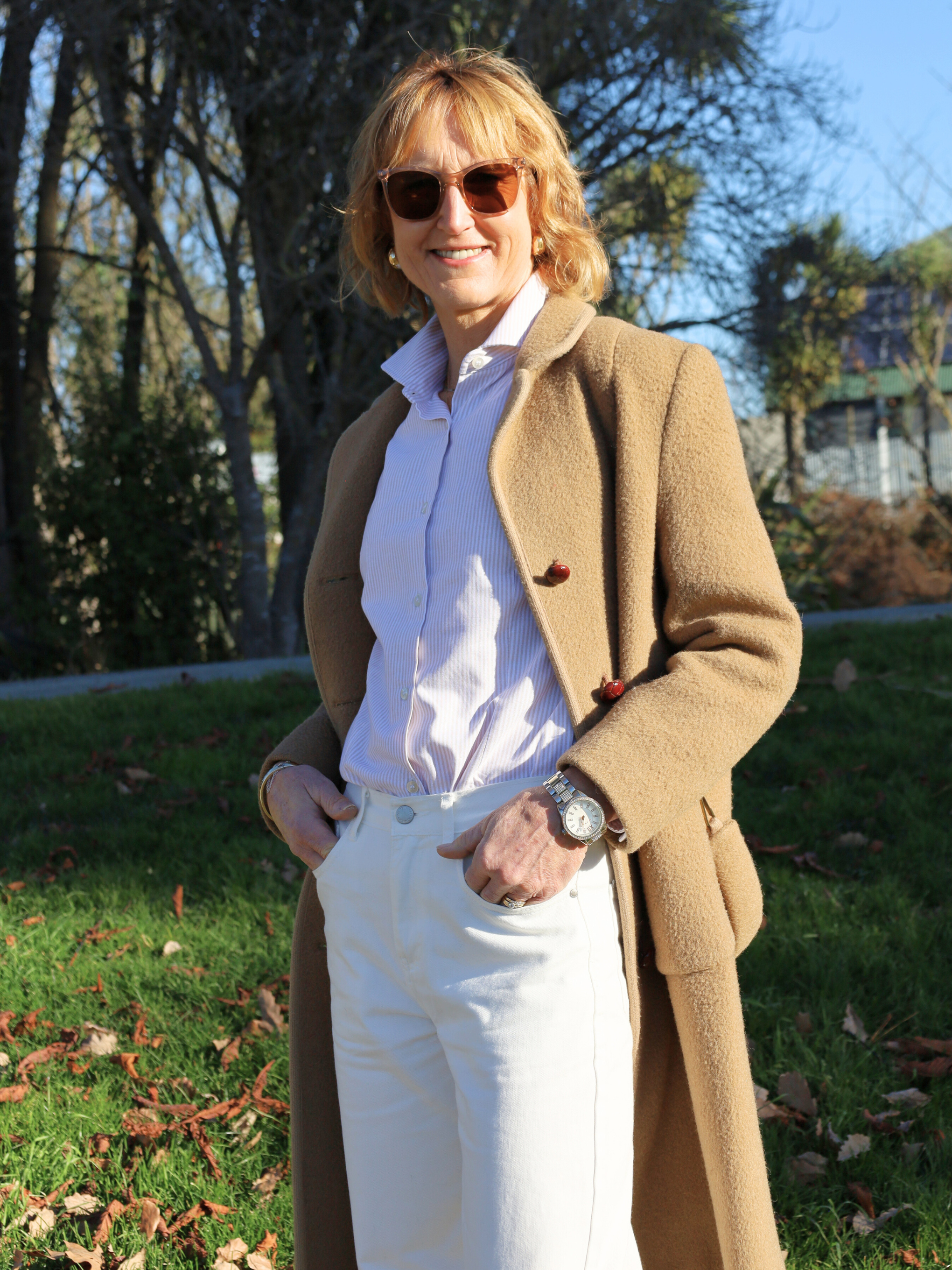 beige and white pin stripe shirt AOK 