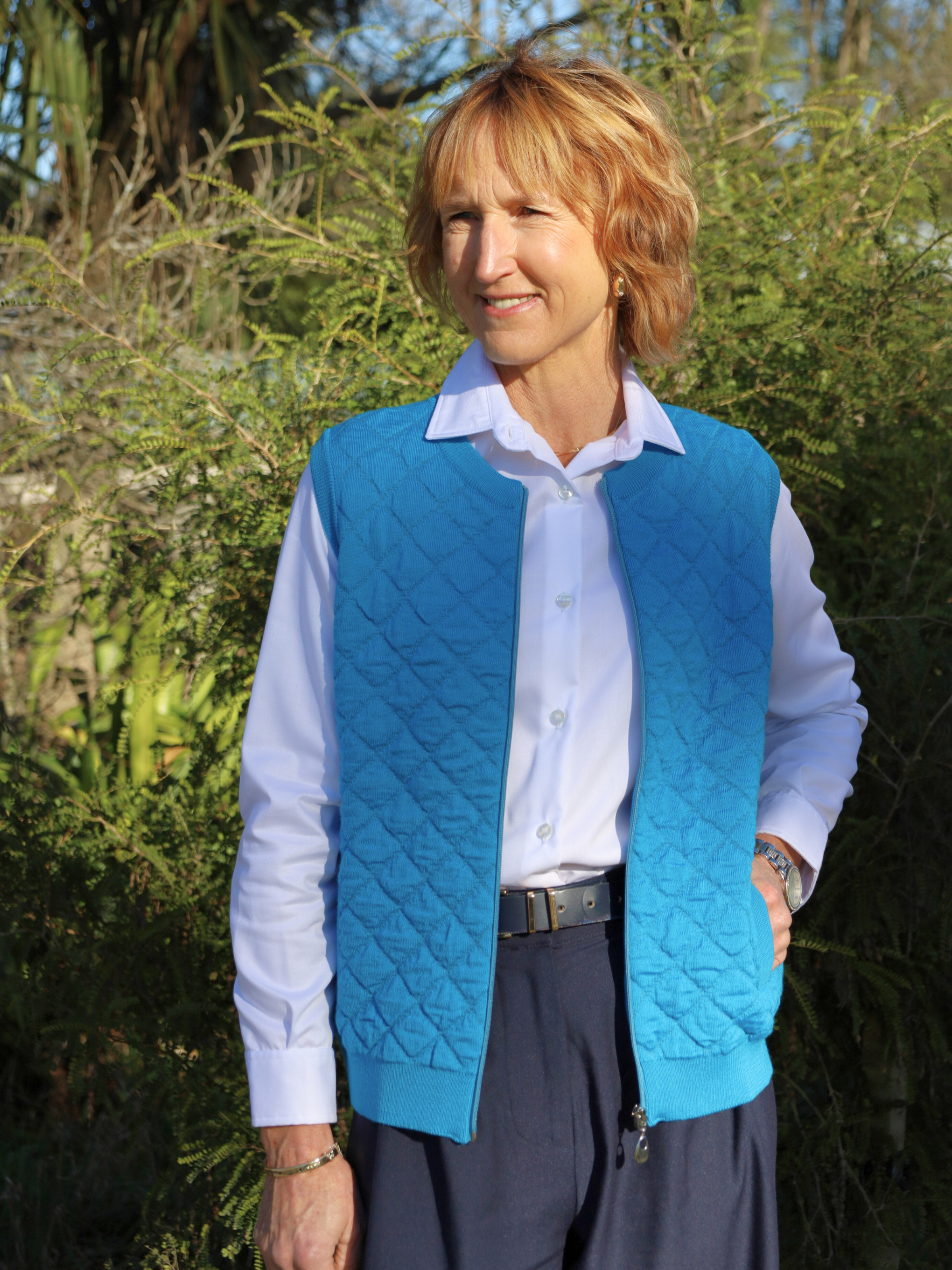 Quilted 100% Merino Zip Sleeveless Ming  blue vest
