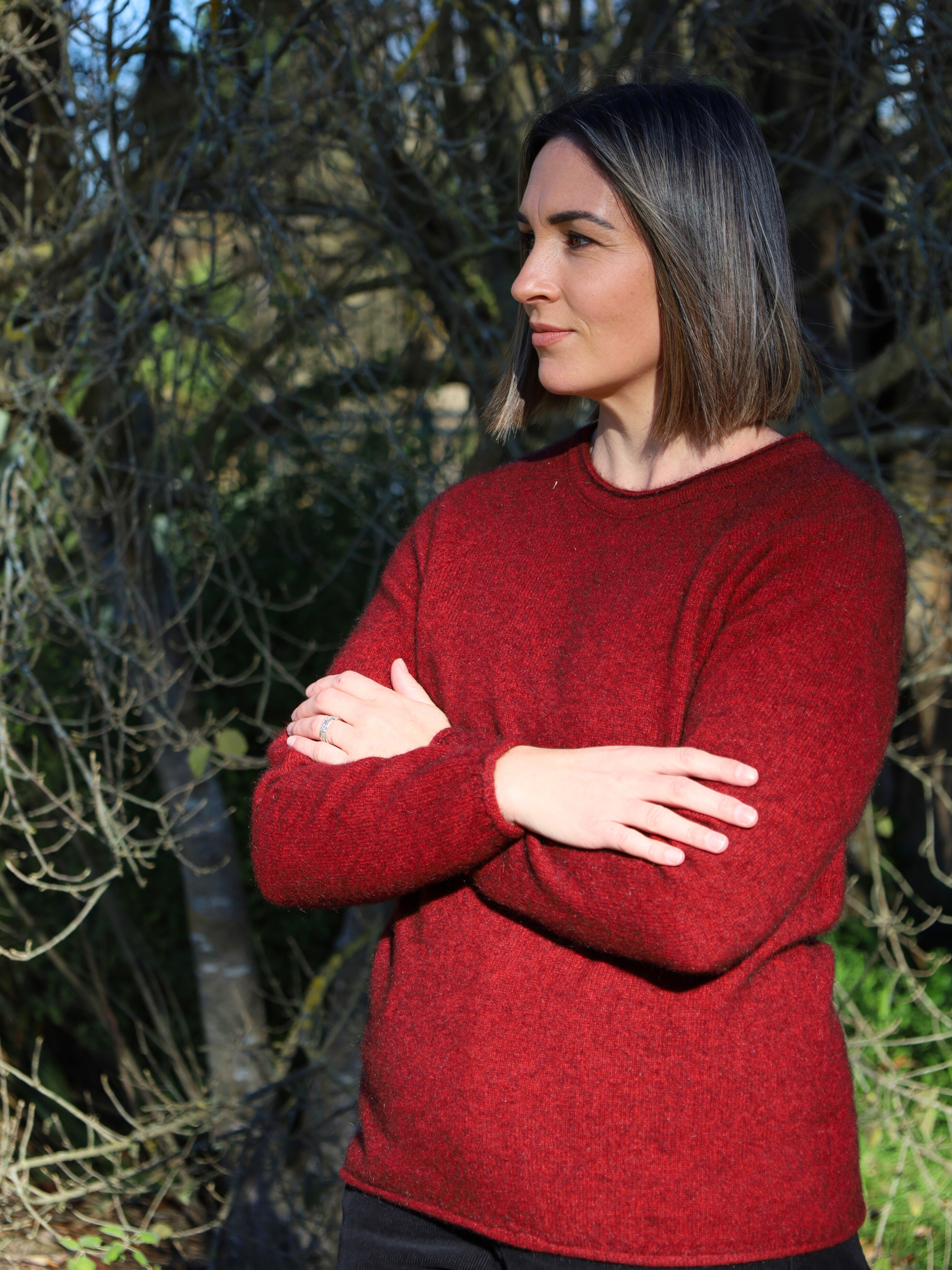 red crew neck merino possum jumper