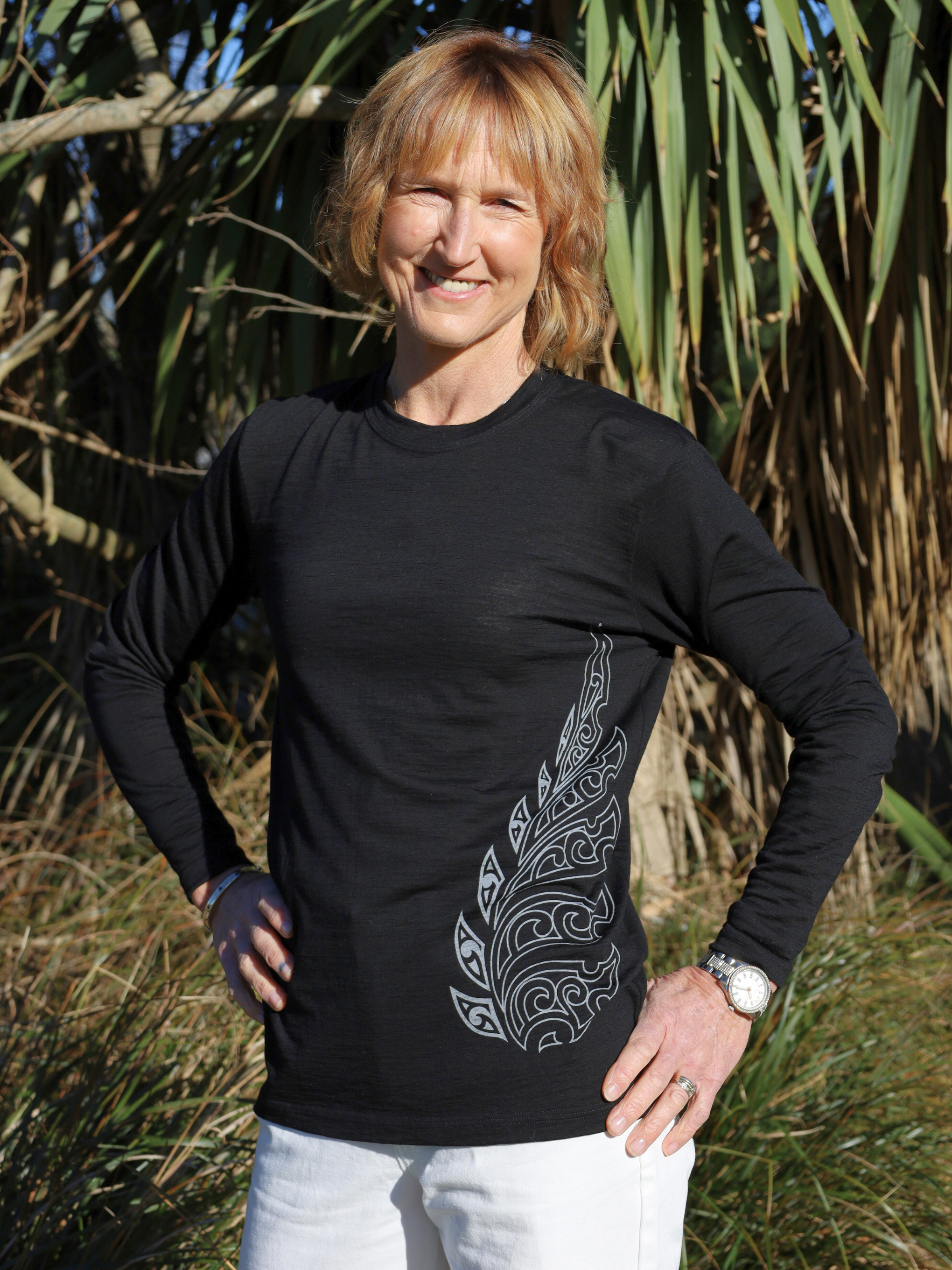 Black merino long sleeve top with fern