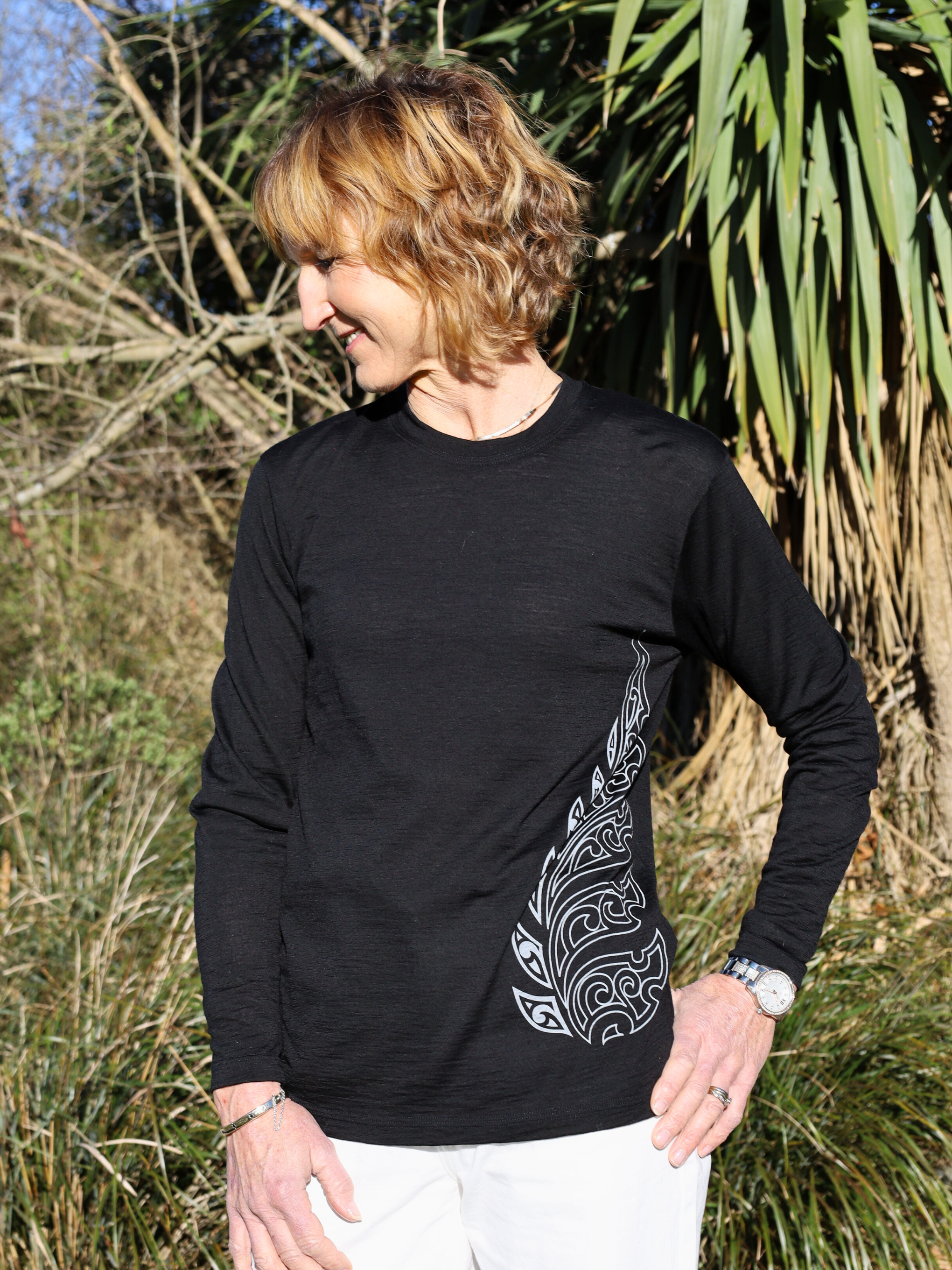 Black merino long sleeve top with fern 2