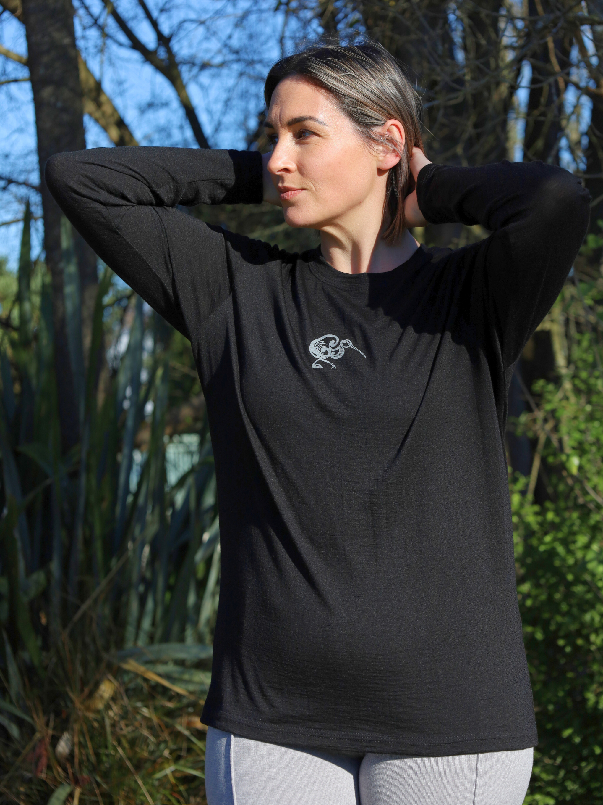 Black merino long sleeve top with kiwi