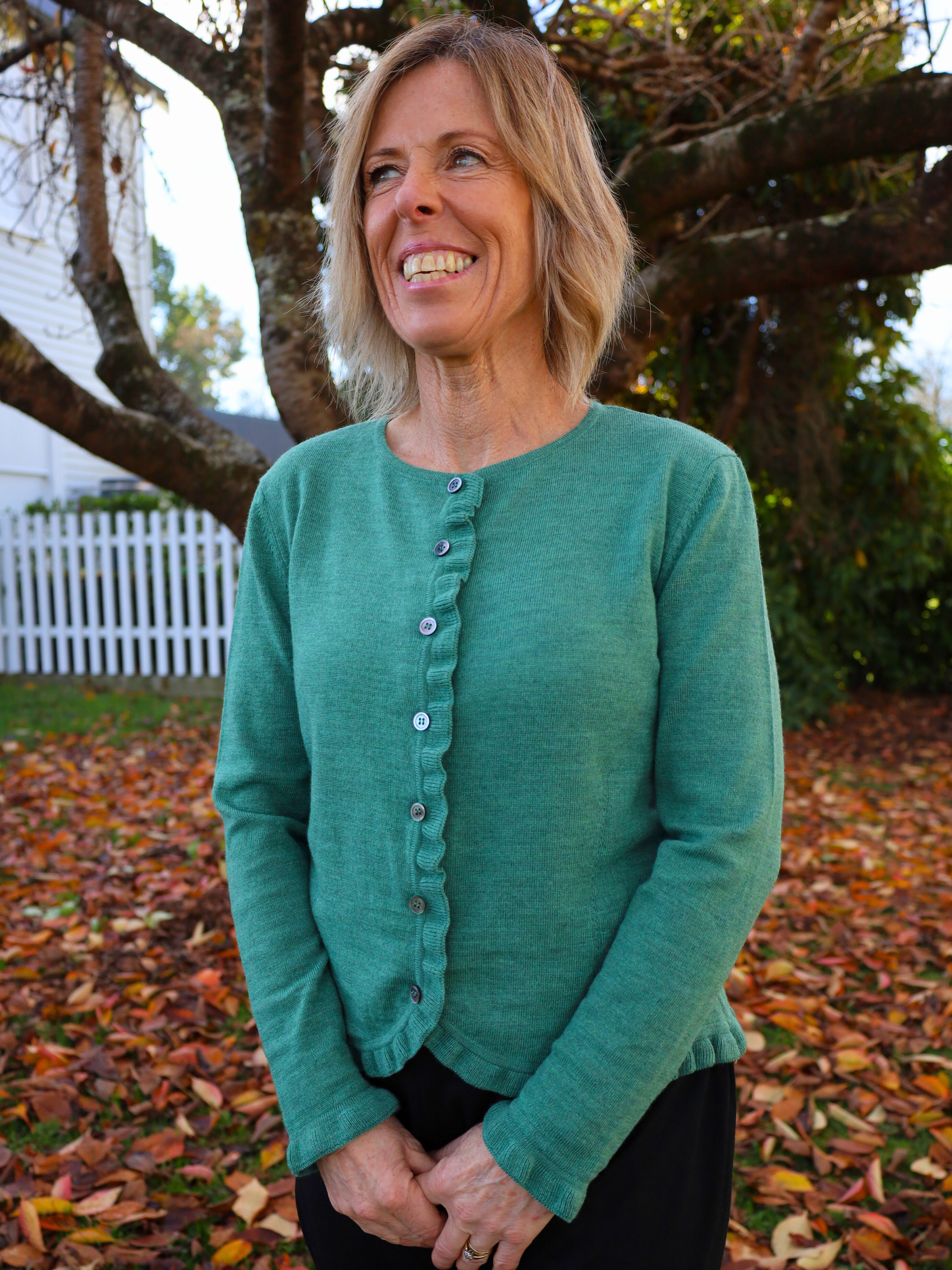 Merino Frill Trim Cardi Green tea