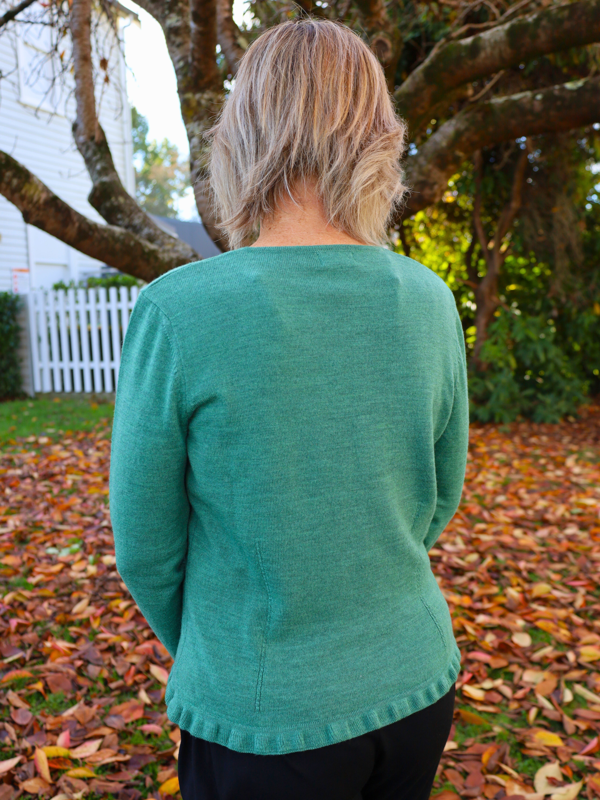 Merino Frill Trim Cardi Green Tea back