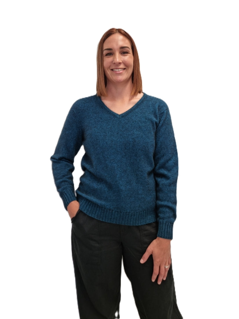 teal tui  merino possum ladies vee neck jumper