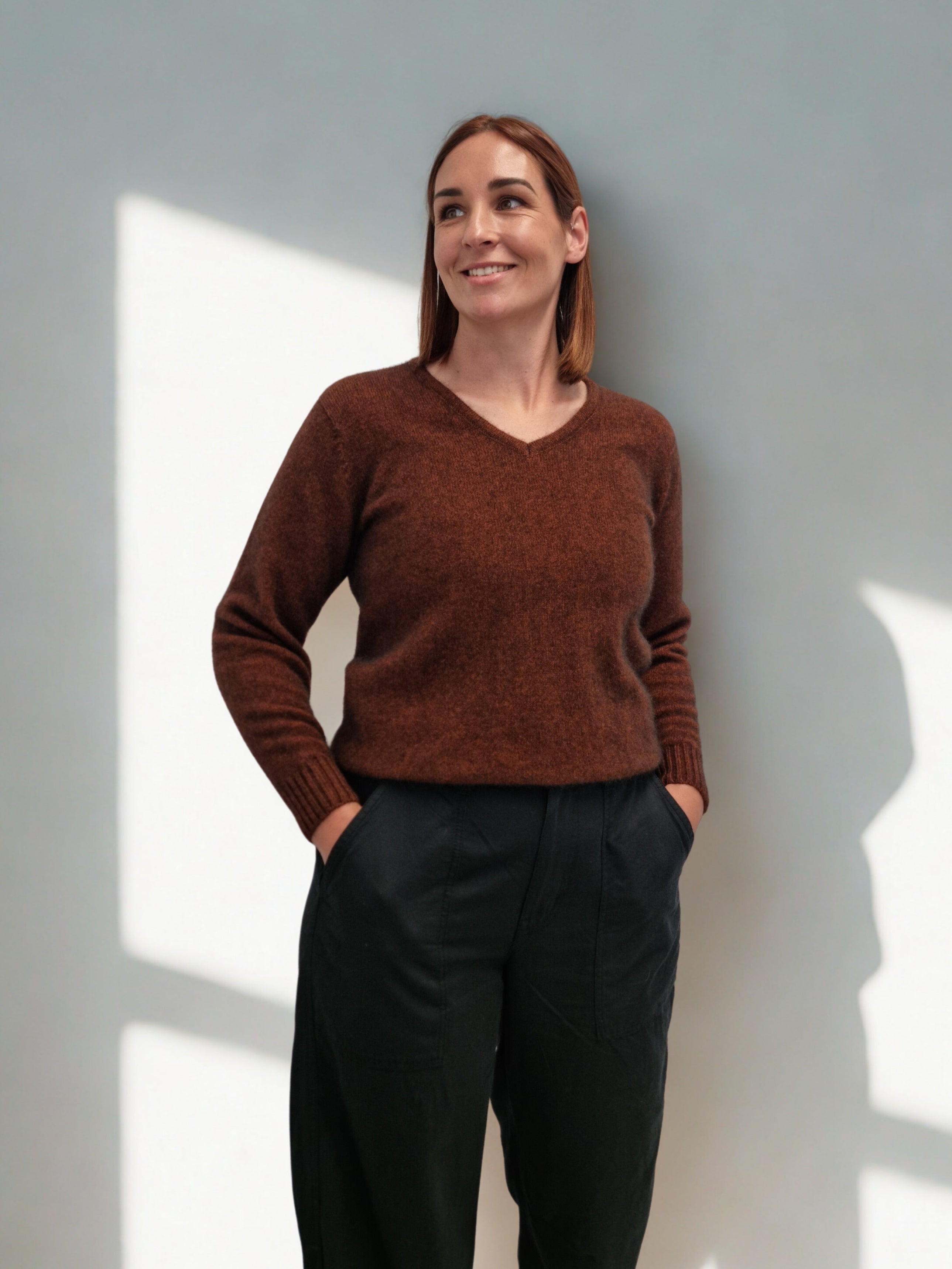 Brown Rimu merino possum ladies vee neck jumper