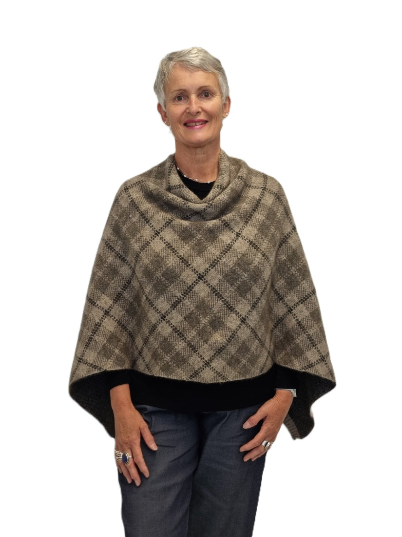 Merino Possum Tartan Poncho - ash