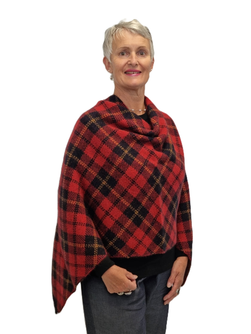 Merino Possum Tartan Poncho - red