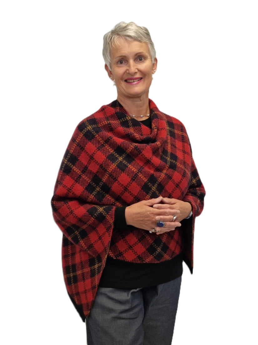 Merino Possum Tartan Poncho - red