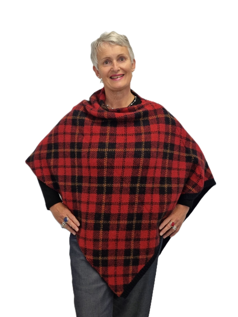 Merino Possum Tartan Poncho - red
