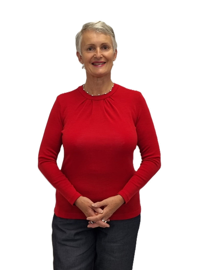 Pleat Neck Merino Crew Turtleneck Long Sleeve Top - Red