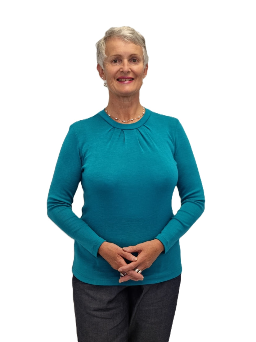 Pleat Neck Merino Crew Turtleneck Long Sleeve Top - seagrass