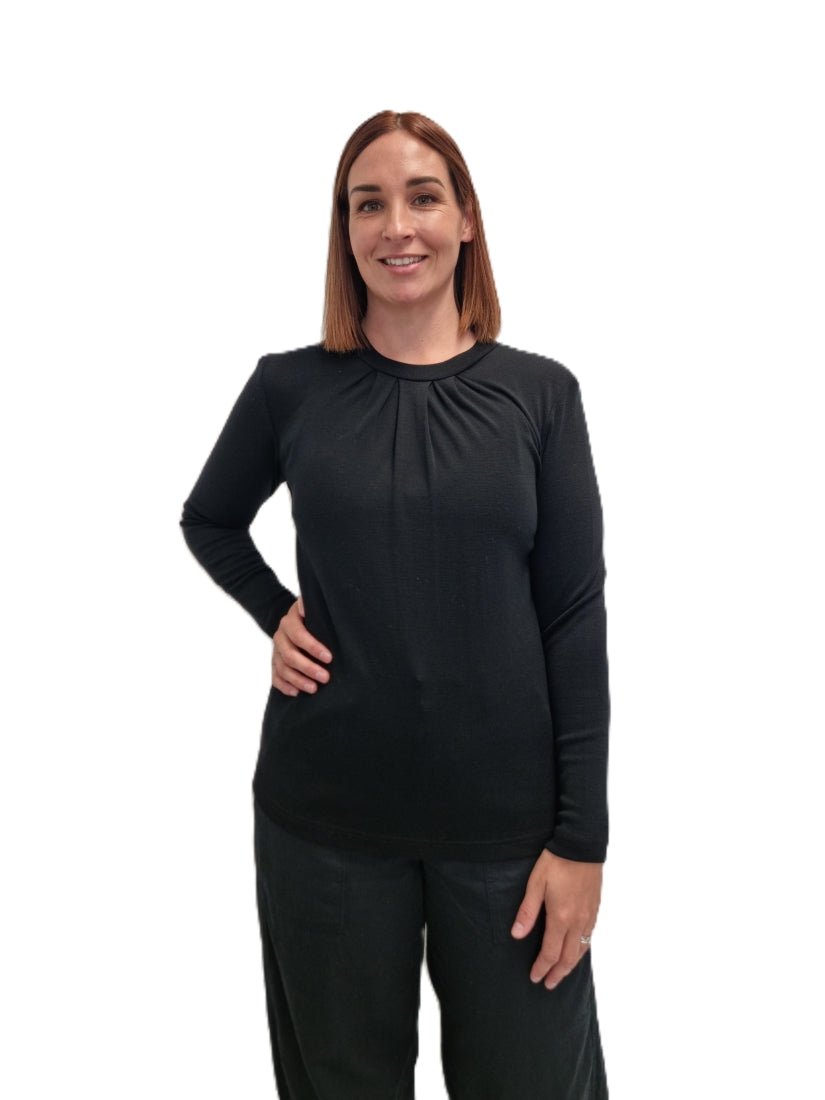 Pleat Neck Merino Crew Turtleneck Long Sleeve Top - Black