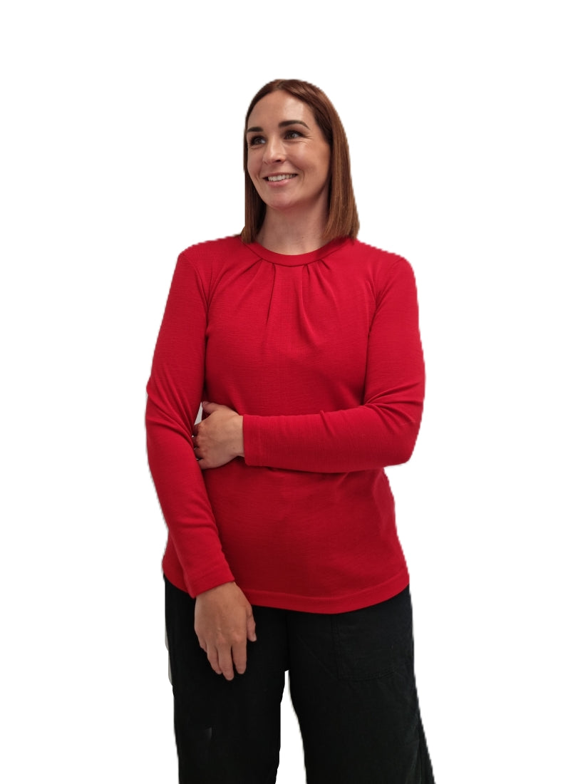Pleat Neck Merino Crew Turtleneck Long Sleeve Top -Red