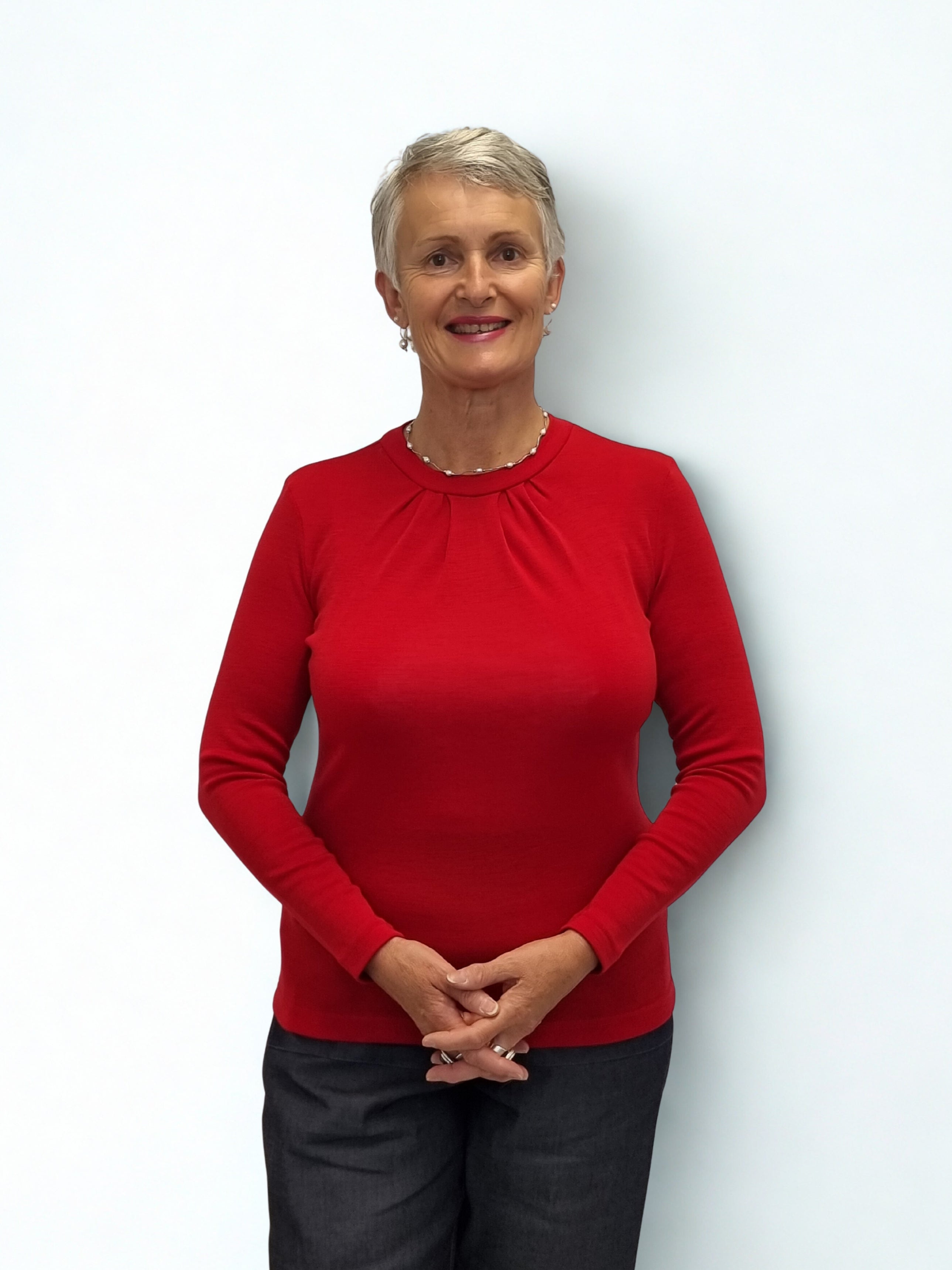 Pleat Neck Merino Crew Turtleneck Long Sleeve Top - Red