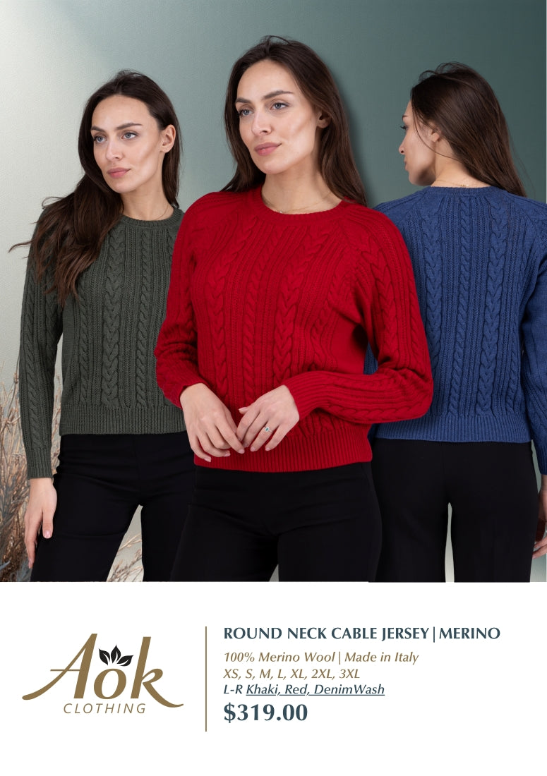 Three women wearing cable knit sweaters in green, red, and blue, with Aok Clothing branding.