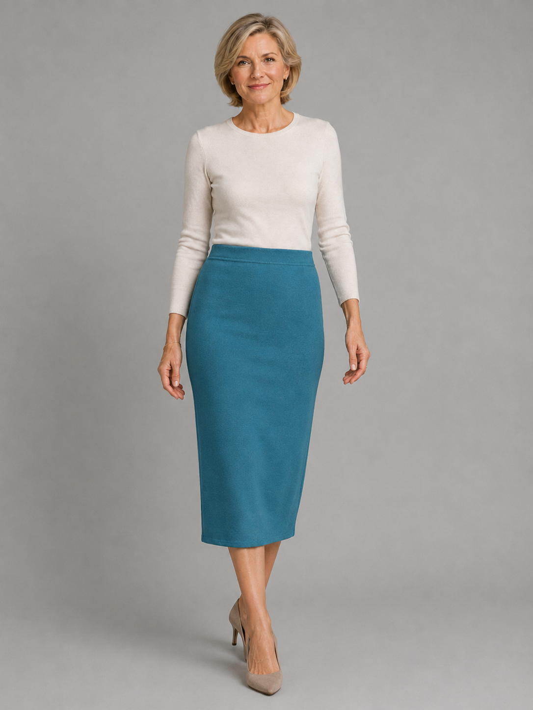 A woman modeling a cream long-sleeve knit top and a teal blue knee-length pencil skirt, paired with beige high heels, against a solid gray studio background.