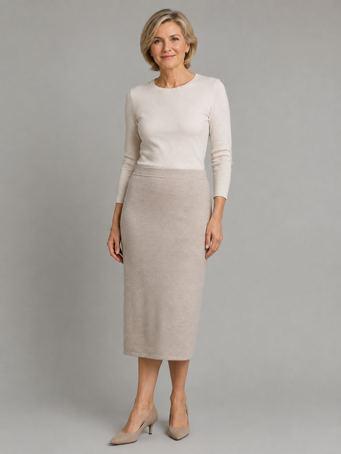 A woman modeling a cream long-sleeve knit top and a light beige knee-length pencil skirt, paired with beige heels, against a solid gray studio background.