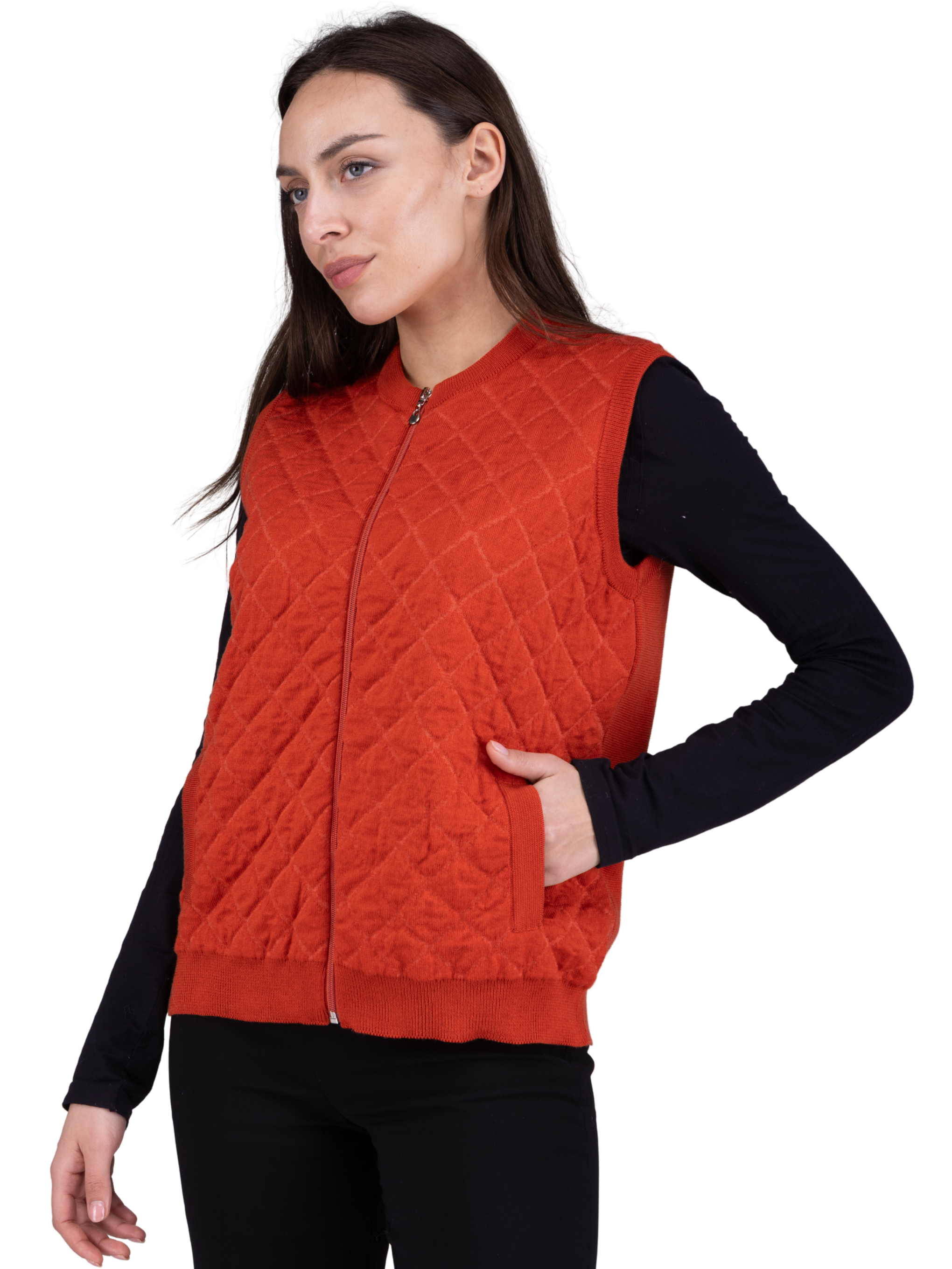 Quilted 100% Merino Zip Sleeveless Vest with pockets