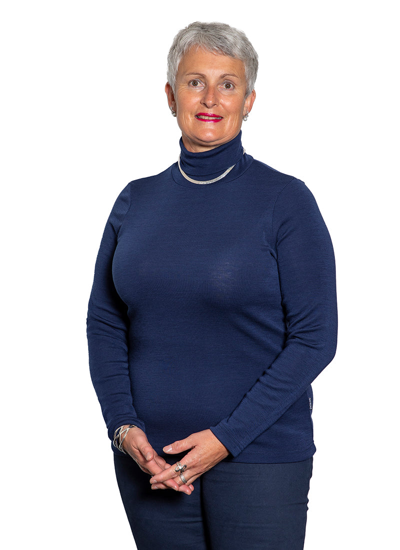 Navy - Bay Road Merino Polo Neck at AOK Clothing. Classic Polo Neck with long sleeves, a wardrobe staple that can be worn alone or paired with additional layers to increase warmth. Bay Road Merinos are crafted with 100% Fine New Zealand Merino Wool, and available in Black, Navy and Winter White.