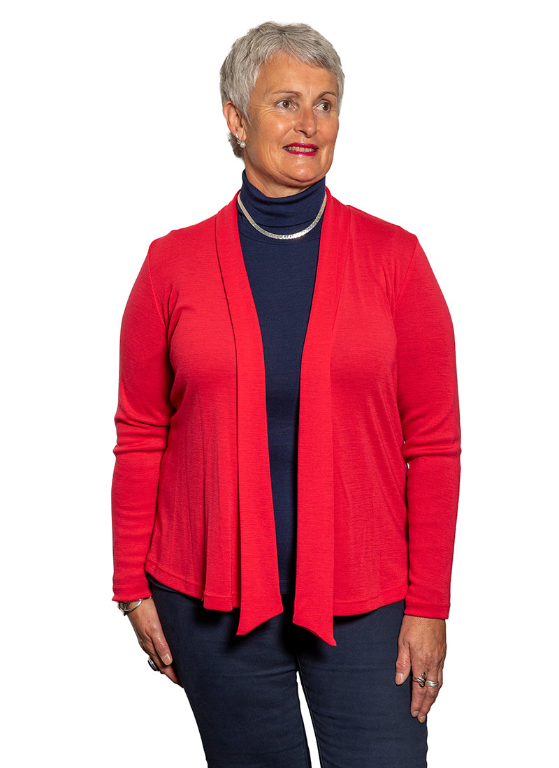 Milano RED. The Bay Road NZ Merino Diva Jacket from AOK Clothing. This jacket is easy to style and wear, and is crafted with long sleeves and an open front. Uniting style and comfort, the garment is made from 100% fine New Zealand merino wool by Bay Road Merinos. 