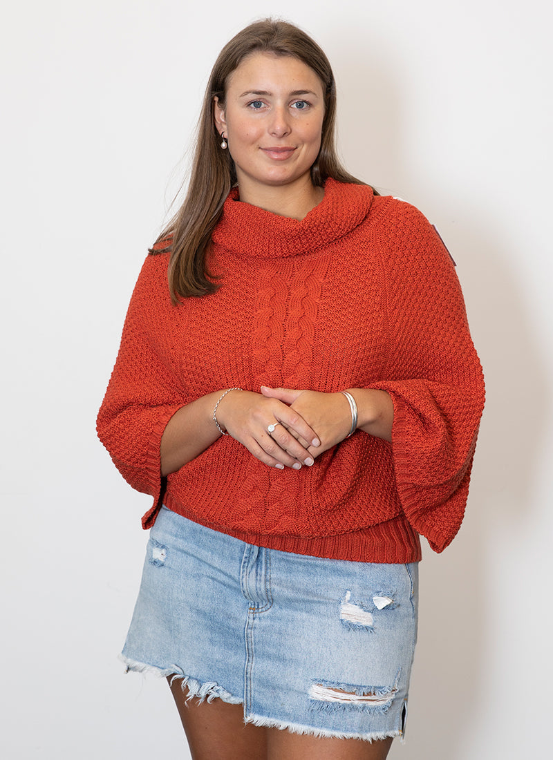 Italian Made Kimberley Cable Cowl Neck - 100% Merino Wool orange