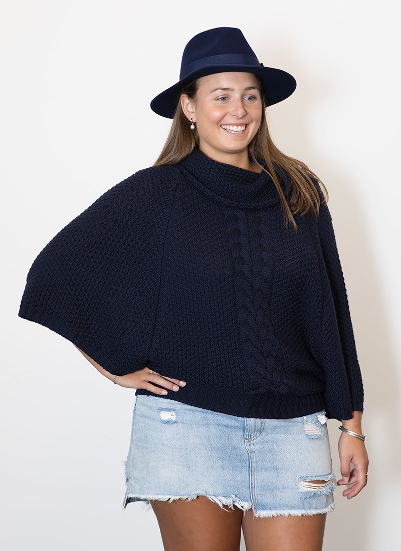 Italian Made Kimberley Cable Cowl Neck - 100% Merino Wool navy
