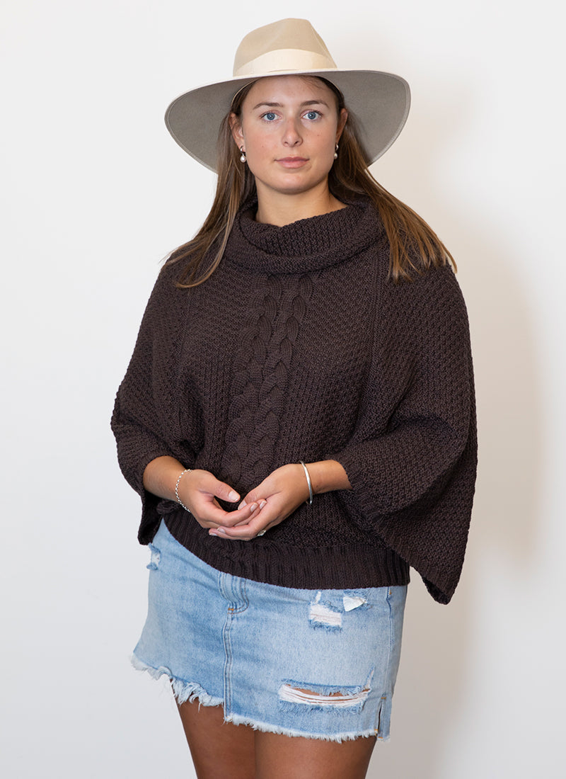 Italian Made Kimberley Cable Cowl Neck - 100% Merino Wool chocolate