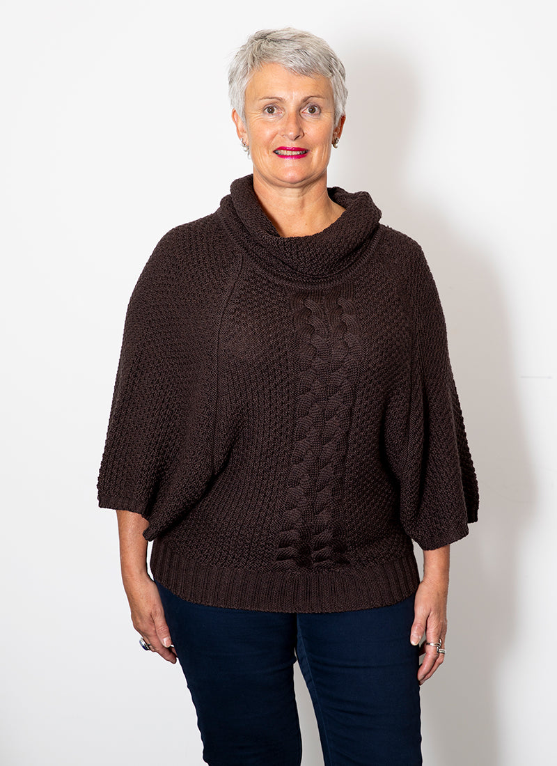 Chocolate Italian Made Kimberley Cable Cowl Neck - 100% Merino Wool