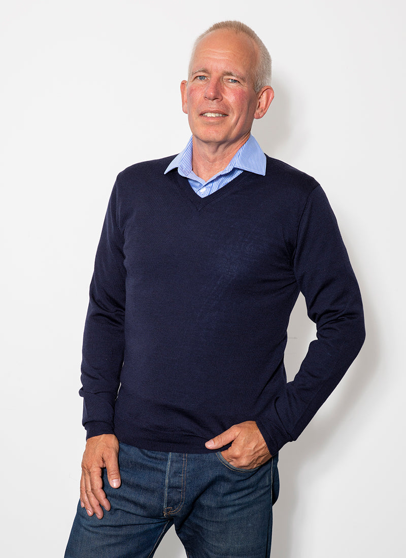 Navy Classic Merino Mens V Neck Jumper AOK Clothing