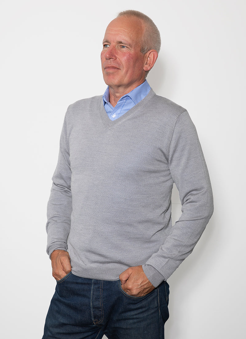 Silver Classic Merino Mens V Neck Jumper AOK Clothing
